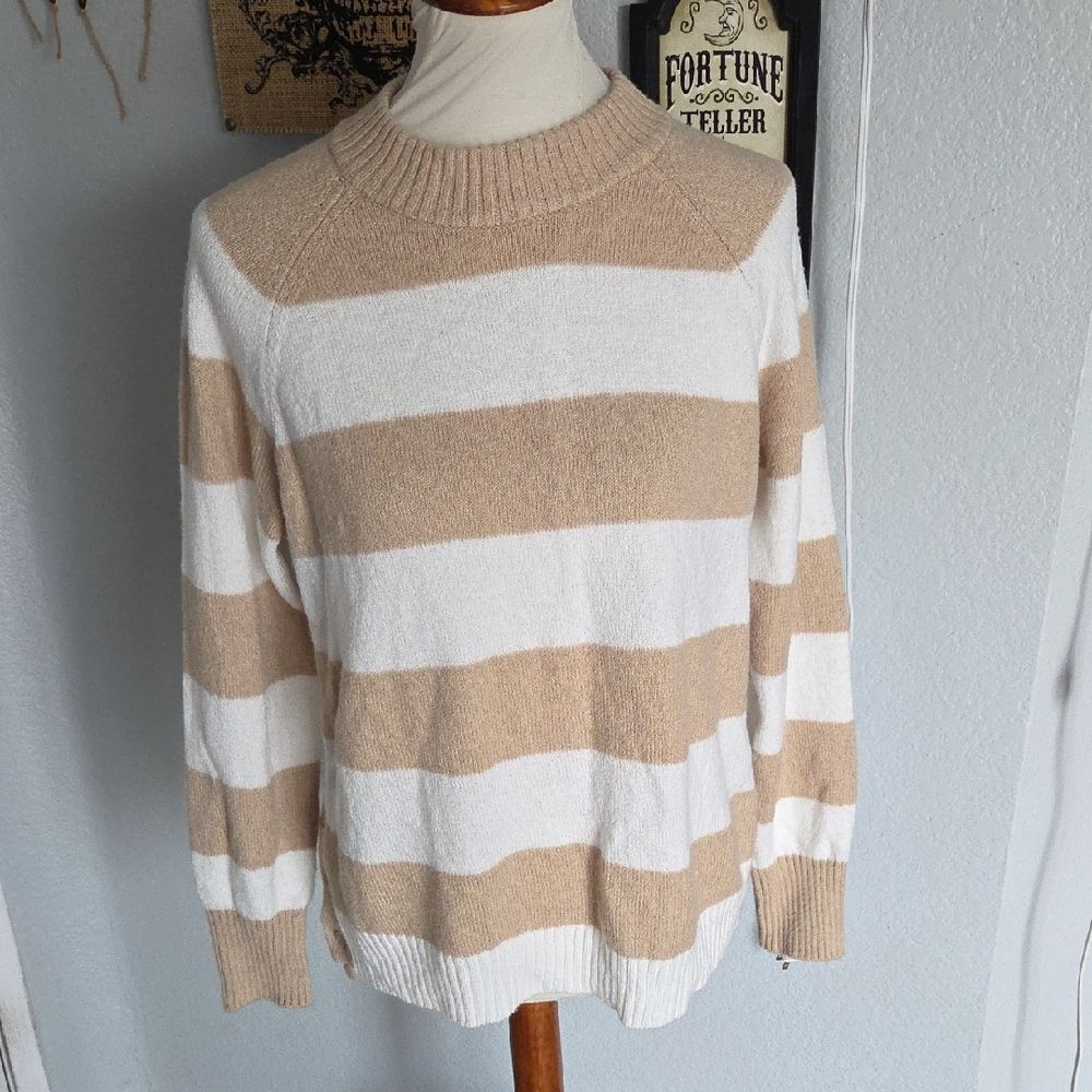 Time & Tru Beige and White Striped Women's Sweater Large
